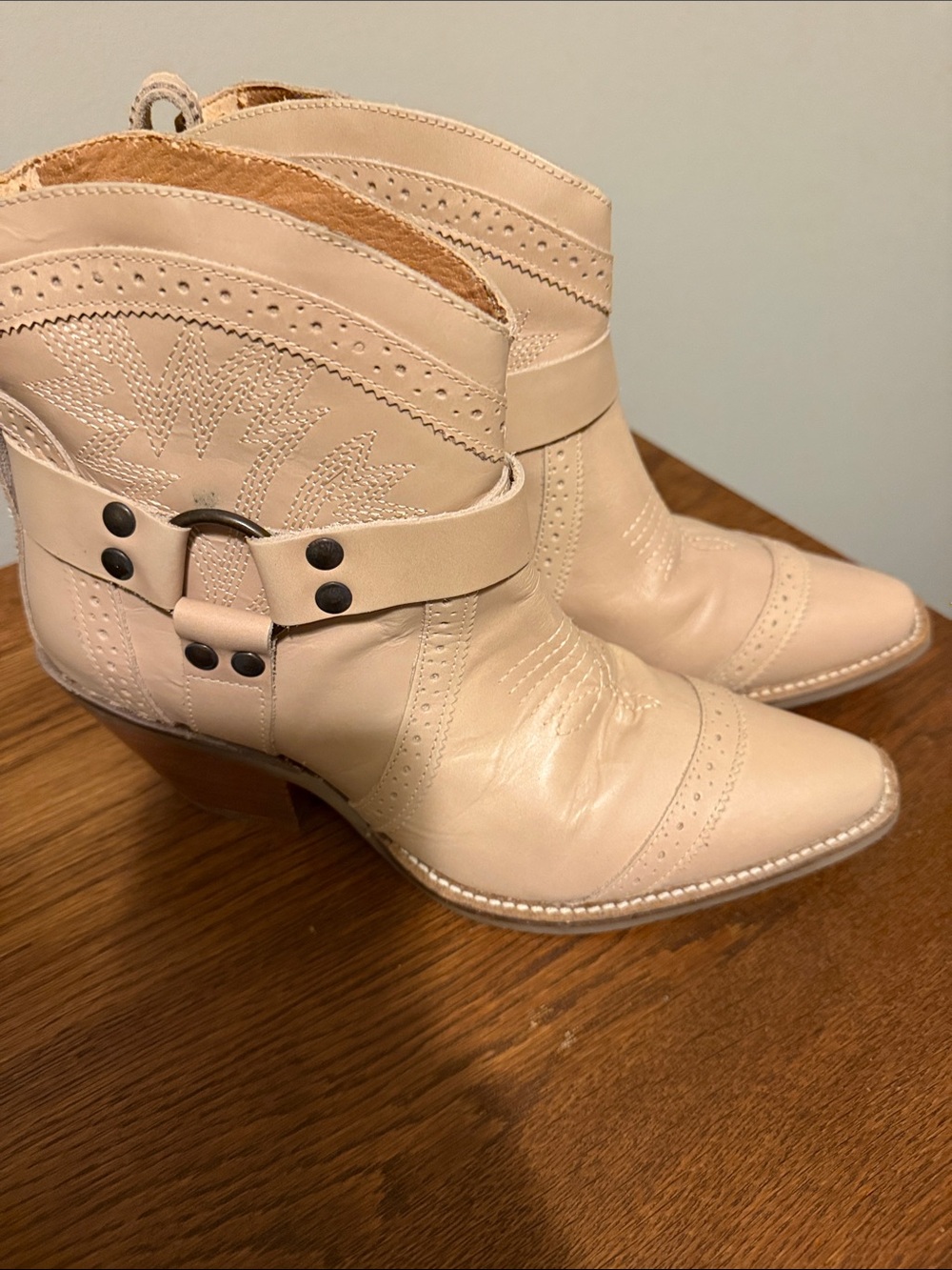 dingo Cream Western Ankle Booties with Stacked Wood Heel